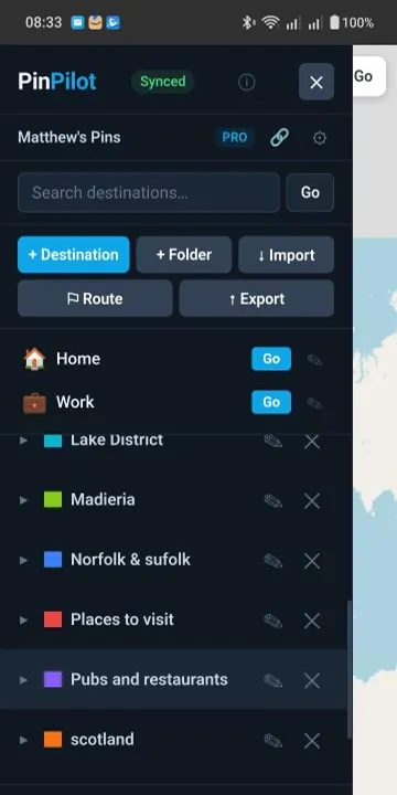 List of colour-coded location folders in PinPilot