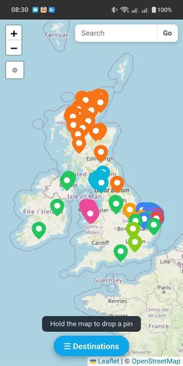 PinPilot map with colour-coded pins across the UK and Ireland