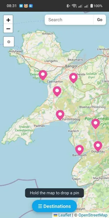 PinPilot map of Wales with saved location pins